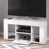A white, high-gloss corner TV stand with a television on top and electronic devices inside. Náhled obrázku produktu