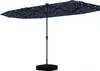 A navy blue double patio umbrella with solar-powered LED lights, shown standing upright on a white background. Produktbild-Vorschau