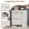 A white shoe cabinet with golden handles, featuring close-up insets highlighting material and hardware quality, and text describing product features. Anteprima dell’immagine prodotto