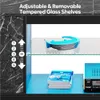 A product image showcasing a lowboard with adjustable glass shelves and RGB LED lighting, featuring a blue object on the top shelf and a stack of video games and a stereo system on the bottom shelf. Anteprima dell’immagine prodotto