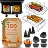 A collage of air fryer accessories, including paper liners, silicone muffin cups, and metal racks with food. Anteprima dell’immagine prodotto