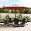 An outdoor patio set with a large umbrella and chairs. Produktbild-Vorschau