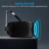 A black MEDION stereoradio with an extended antenna is shown on a dark surface against a dark background. Blue concentric circles emanate from the side of the speaker, symbolizing sound waves. Produktbild-Vorschau