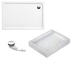 A collage of three images showing a white rectangular shower tray, a close-up of the drain fitting, and a different angled view of a white shower tray. Produktbild-Vorschau