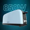 A light blue toaster with a black base and silver accents is shown against a gradient blue background. Neon blue text indicating "850W" is prominently displayed above the toaster. Voir les images du produit