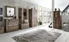 A hallway or entryway with rustic wooden furniture, including a shoe cabinet, coat racks, and a tall cabinet, set against a backdrop of large windows and a rug on the floor. Anteprima dell’immagine prodotto