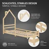 A wooden children's bed frame with a house-shaped headboard, shown from a diagonal angle against a dark background. Callouts highlight design features. Náhled obrázku produktu