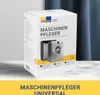 A product box for washing machine and dishwasher cleaner is displayed on a light gray surface with a dark blue curtain in the background. Produktbild-Vorschau