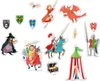 A collection of stickers depicting knights, a dragon, a witch, a princess, a tent, shields, a treasure chest, and a bat. Produktbild-Vorschau