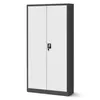 A closed, two-door metal storage cabinet with a lock and key. Voir les images du produit