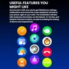A dark blue background with white text describing features and a grid of colorful icons representing smartwatch functions. Produktbild-Vorschau