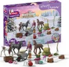 A Schleich Horse Club Advent Calendar 2025 with various horse and rider figures and accessories, set against a winter farm backdrop. Produktbild-Vorschau