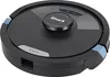 A top-down view of a black robot vacuum cleaner with gray and blue accents. Produktbild-Vorschau