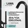Marketing image for a black stainless steel shower fixture with text highlighting quality and material. Produktbild-Vorschau