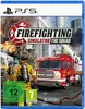 The image shows the cover art for the video game "Firefighting Simulator - The Squad" for PlayStation 5. Produktbild-Vorschau