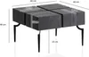 A dark wooden coffee table with black metal legs, shown with dimensions indicated by text and lines. Anteprima dell’immagine prodotto