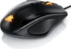 A black gaming mouse with an orange wolf logo and an orange scroll wheel, shown on a white reflective surface. Produktbild-Vorschau
