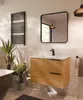 A modern bathroom with a wooden vanity, sink, mirror, and towel rack. Produktbild-Vorschau