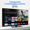 A television screen displaying a streaming service interface with movie posters and app icons. Produktbild-Vorschau