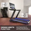 A treadmill in a room with text overlays and dimensions. Produktbild-Vorschau