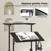A close-up of a black adjustable standing desk with books and headphones on it, with marketing text and feature callouts. Podgląd zdjęcia produktu