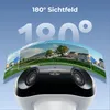 A close-up of a security camera with a curved panoramic view of a suburban neighborhood displayed above it. Produktbild-Vorschau