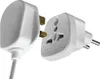 A white UK-style plug is shown next to a white universal travel adapter. Produktbild-Vorschau