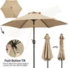 A patio umbrella is shown in various states of use and closure, with a close-up detail of its tilting mechanism. Produktbild-Vorschau