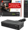 A product box for a satellite receiver, showing the receiver and a remote control, with promotional text. Produktbild-Vorschau