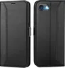 A black flip case for a smartphone is shown from two angles, open and closed. Produktbild-Vorschau