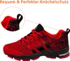 A side view of a red and black athletic shoe, with a close-up inset showing a detail of the ankle area. Produktbild-Vorschau
