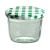 A clear studio shot of a glass jar with a green and white checkered lid. Produktbild-Vorschau