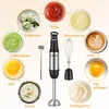 A collage of images showing different food and drink items that can be prepared with an immersion blender, with the blender itself in the center. Produktbild-Vorschau