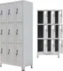 A collage of two images showing a gray metal locker unit with 9 compartments on the left, and a similar locker unit with doors open on the right.