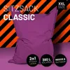 A large purple beanbag chair is pictured against a backdrop of orange and black diagonal stripes. Text overlays indicate product features and size. Anteprima dell’immagine prodotto