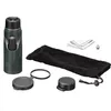 A collection of monocular accessories, including a monocular, lens caps, a cleaning cloth, and a carrying pouch, arranged on a white background. Produktbild-Vorschau