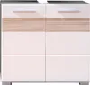 A front view of a white and wood-grain cabinet with two doors on each side. Anteprima dell’immagine prodotto