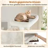 A cat is resting on a plush cushion on a cat tree, with close-up views of the fabric and a removable cushion. Voir les images du produit