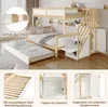 A multi-panel image showcasing a bunk bed with a pull-out bed, storage stairs, and a wardrobe. The main image shows the entire bunk bed setup in a room, while the smaller panels highlight specific features like the pull-out bed mechanism, storage compartme Produktbild-Vorschau