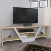 A corner TV stand with a TV and media console on it, in a room with a textured wall. Voir les images du produit