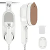 Collage showing a white and gold portable garment steamer with accessories. Produktbild-Vorschau