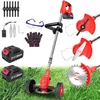 A collage of a cordless grass trimmer and its accessories, set against a grassy background. Náhled obrázku produktu