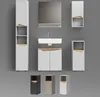 A collection of modern bathroom furniture pieces, including cabinets, a sink, and a mirror, arranged against a plain gray background. Produktbild-Vorschau