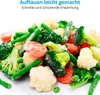 A pile of frozen mixed vegetables on a white background, with German text at the top advertising defrosting. Produktbild-Vorschau