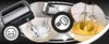 Collage of images showing a hand mixer and its use in preparing food. Produktbild-Vorschau
