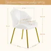 A white upholstered chair with gold metal legs, shown with dimensions indicated by measurement lines and text. Produktbild-Vorschau