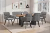 A dining set with chairs and a bench around a wooden table, in a well-lit room with artwork on the wall and a window in the background. Produktbild-Vorschau