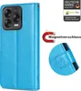 A blue flip case for a smartphone, shown with a close-up of the magnetic closure and a diagram illustrating the magnetic closure feature. Produktbild-Vorschau