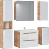 A set of modern bathroom furniture including a vanity with sink, a tall cabinet, a medicine cabinet with mirror, and a side cabinet. Produktbild-Vorschau