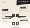 A marketing image showcasing a black door handle set with descriptive text highlighting its features. Produktbild-Vorschau